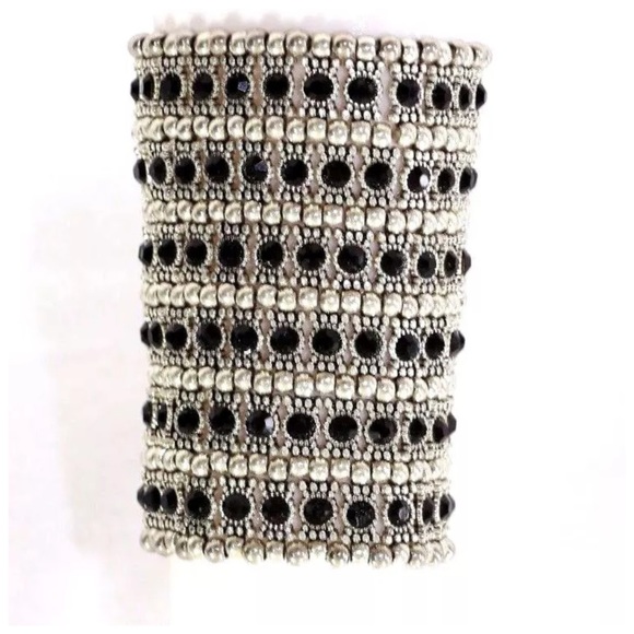 6 Row Wide Silver Black Crystal Bead Bracelet ED10 - Picture 3 of 5
